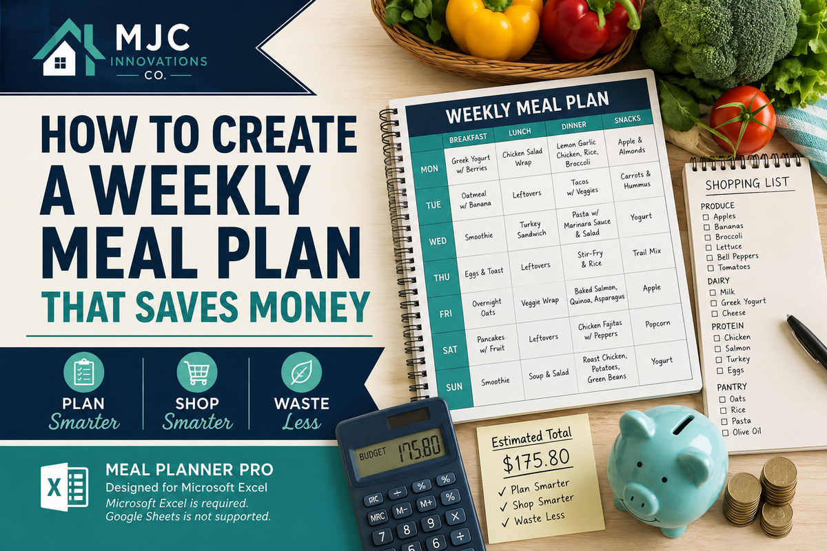 Weekly meal planning guide for saving money, creating a grocery list and reducing food waste