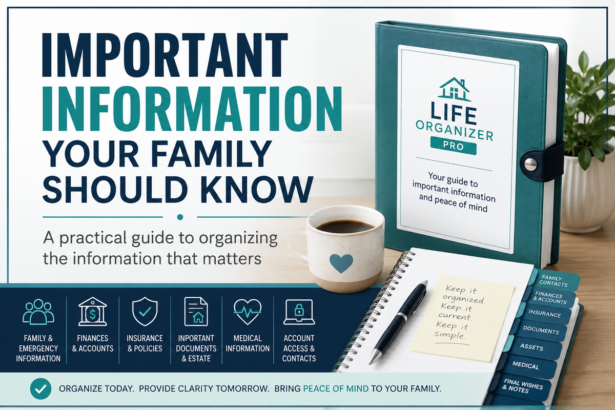 Important information your family should know including finances, insurance, estate documents, medical information and account access