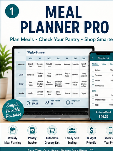 Meal Planner Pro Microsoft Excel weekly meal planner with automatic grocery list and budget planning tools
