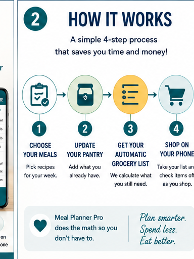 Meal Planner Pro Excel meal planning system showing weekly meal planning, automatic shopping lists and budget tracking