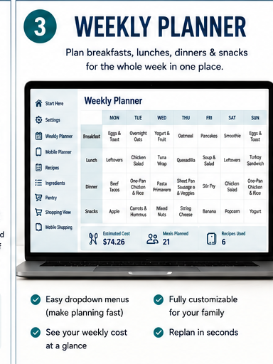 Meal Planner Pro weekly Excel meal planner for organizing breakfast, lunch, dinner and snacks in one place