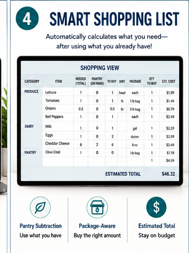 Meal Planner Pro automatic grocery list with estimated costs, grocery categories and budget tracking in Microsoft Excel
