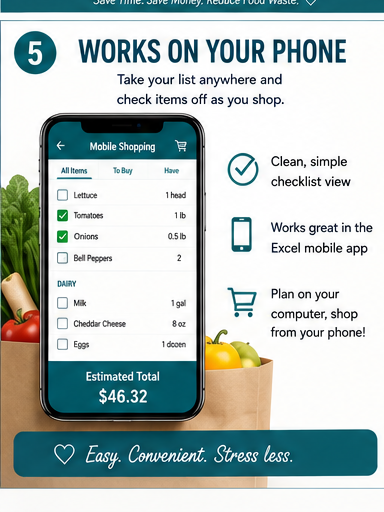 Meal Planner Pro shopping list viewed in the Microsoft Excel mobile app for convenient grocery shopping