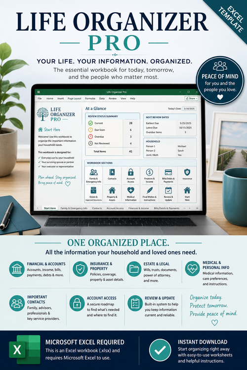 Life Organizer Pro Microsoft Excel workbook for organizing important household, financial, insurance, estate, property and family information