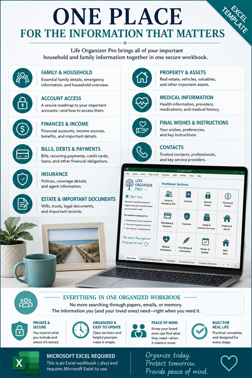 Life Organizer Pro Excel template organizing family, financial, insurance, estate, property, medical and account information in one place