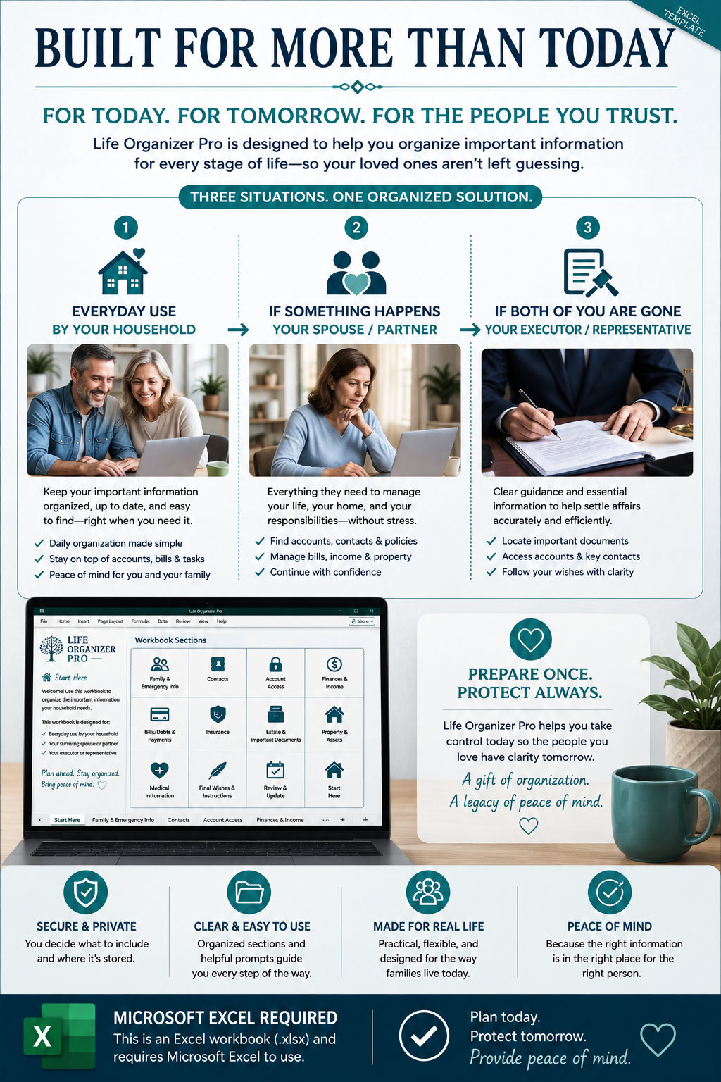 Life Organizer Pro Excel workbook designed for everyday household use, a spouse or partner, and an executor or representative