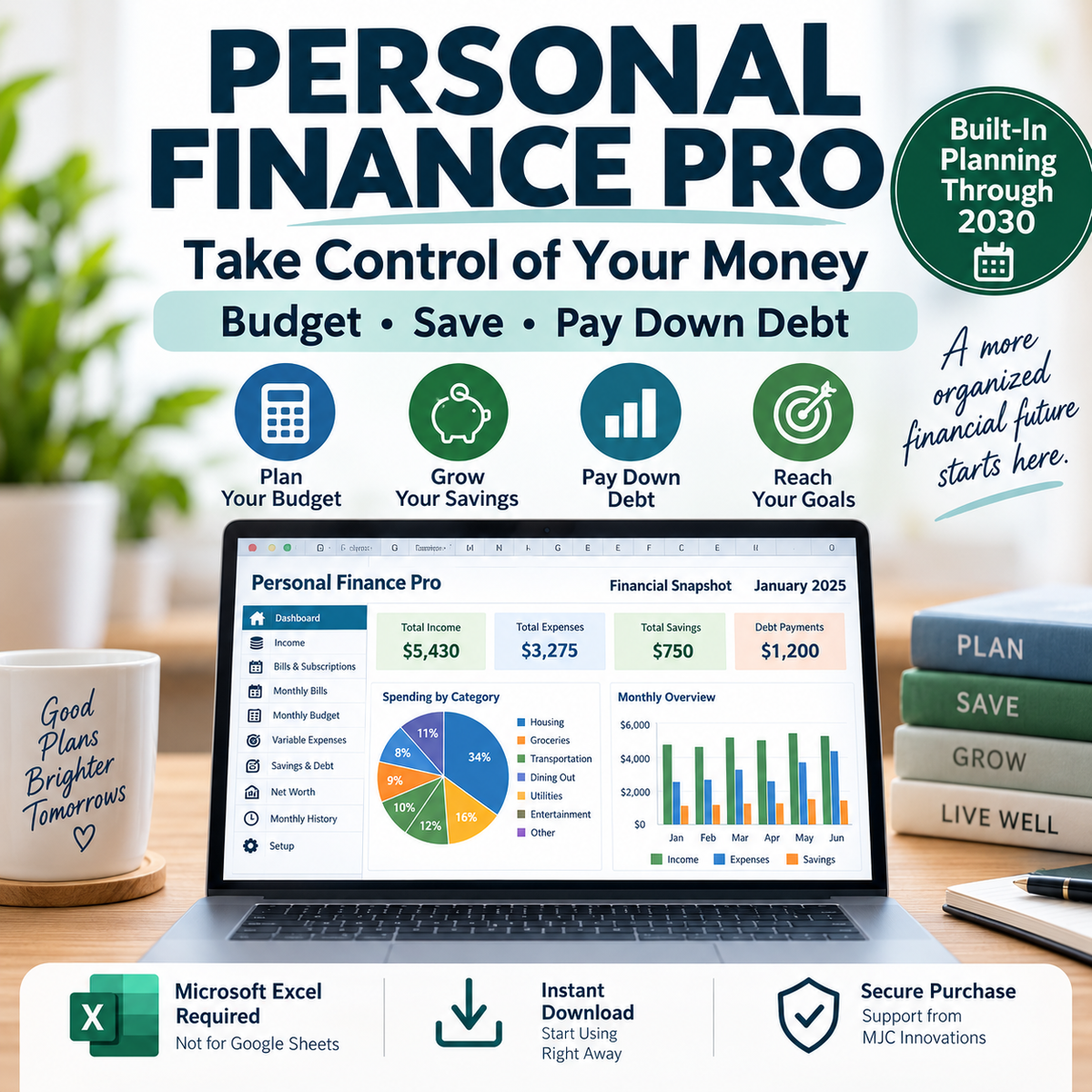Personal Finance Pro Microsoft Excel budgeting workbook for planning spending, growing savings, paying down debt and tracking financial goals through 2030