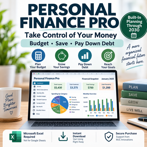 Personal Finance Pro Microsoft Excel budgeting workbook for planning spending, growing savings, paying down debt and tracking financial goals through 2030