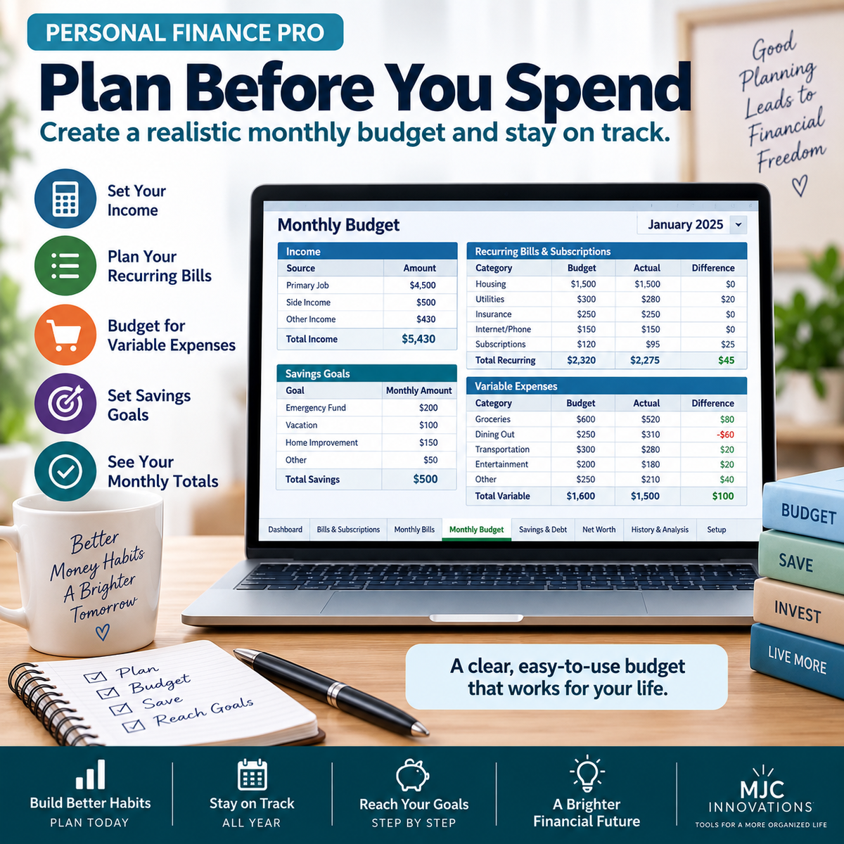 Personal Finance Pro Excel monthly budget planner for organizing income, recurring bills, variable expenses and savings goals before spending