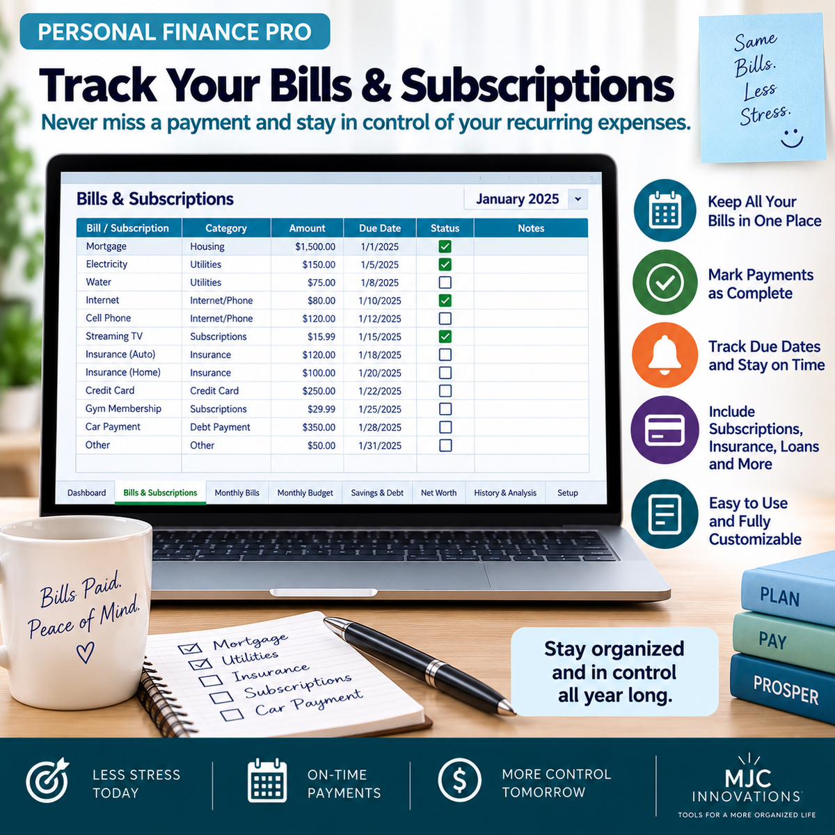 Personal Finance Pro Excel bills and subscriptions tracker for organizing recurring expenses, due dates and monthly payments