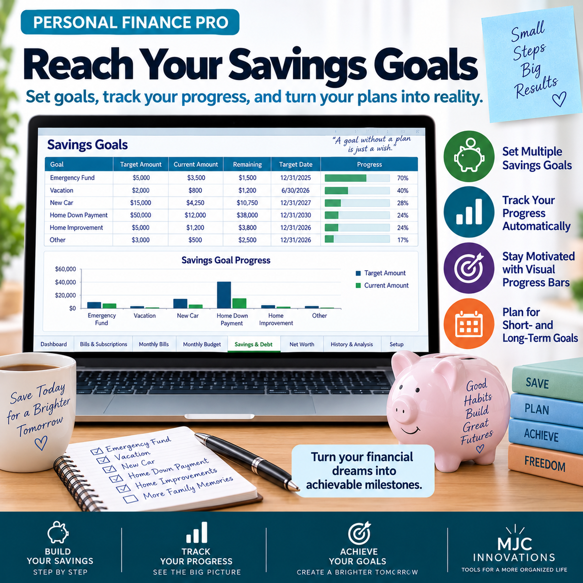 Personal Finance Pro Excel savings goals tracker for setting financial goals and monitoring savings progress over time