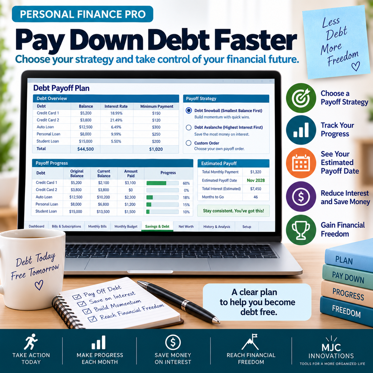 Personal Finance Pro Excel debt payoff planner for organizing debts, tracking progress and building a debt snowball payoff strategy