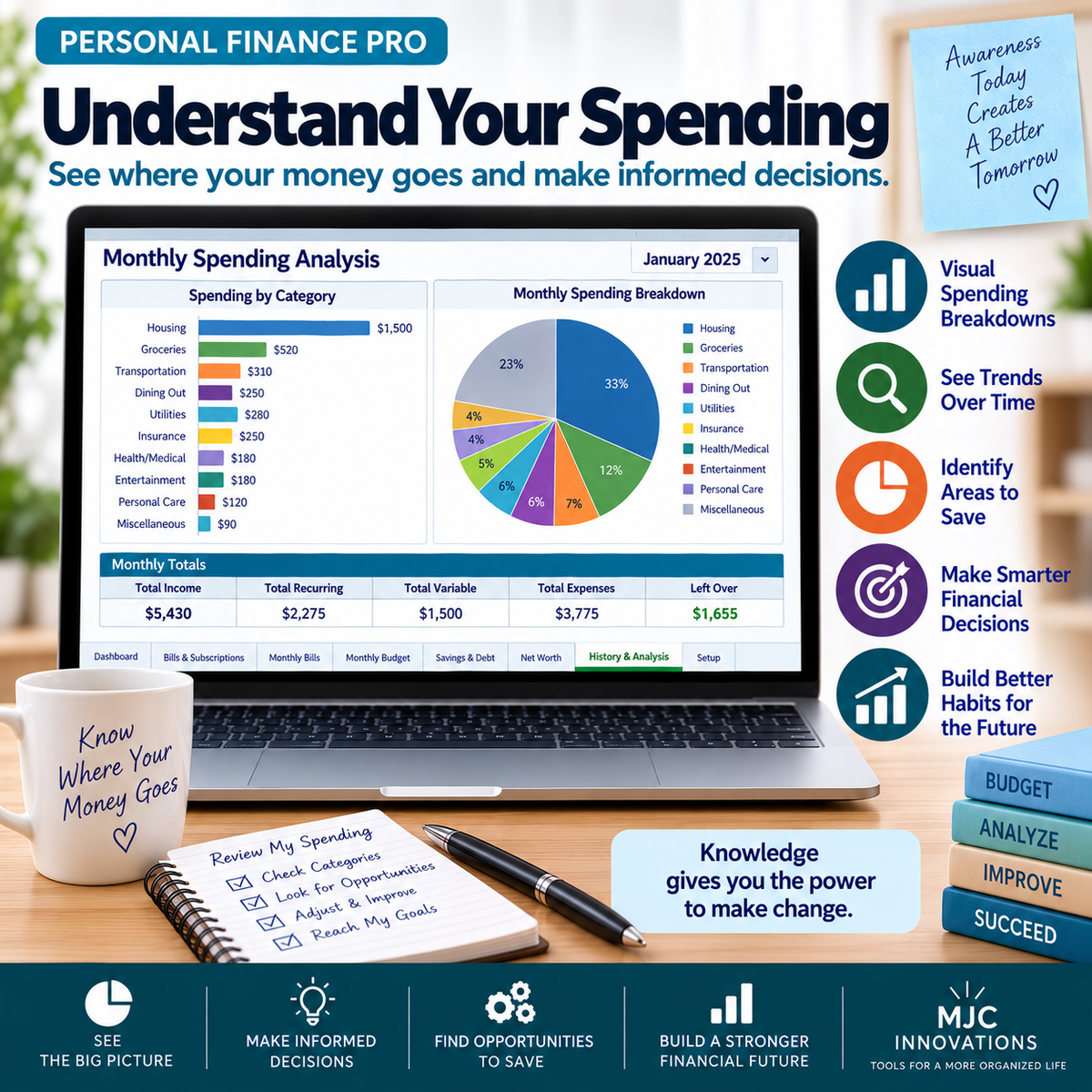 Personal Finance Pro Excel spending analysis tool for understanding expense categories, identifying spending trends and finding opportunities to save