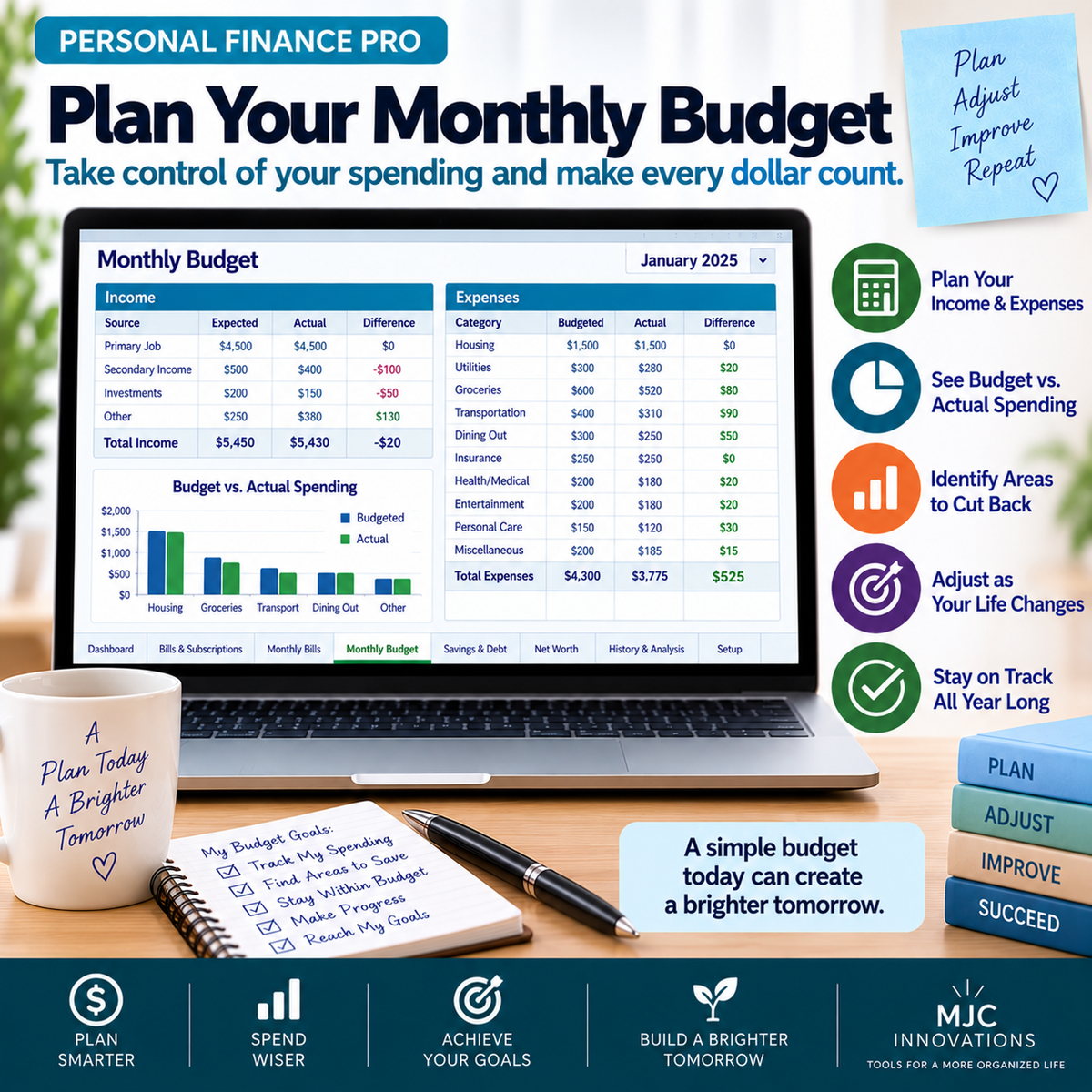 Personal Finance Pro Excel monthly budget tool for comparing planned and actual spending and adjusting your budget throughout the year