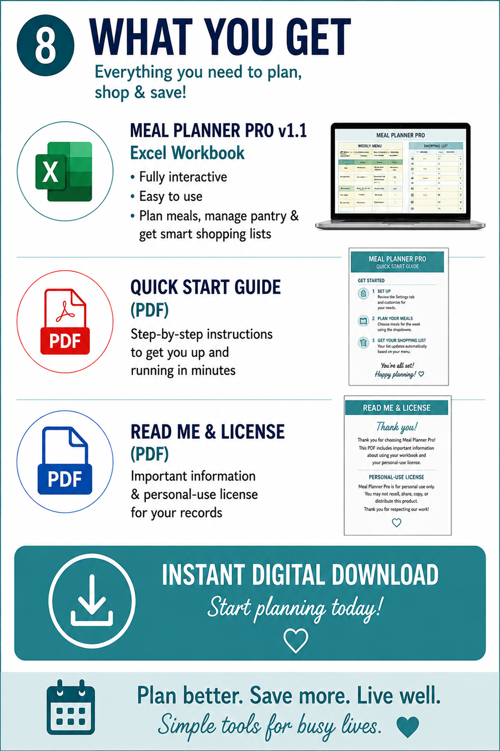 Meal Planner Pro v1.1 Excel workbook with Quick Start Guide and Read Me and License PDF digital downloads